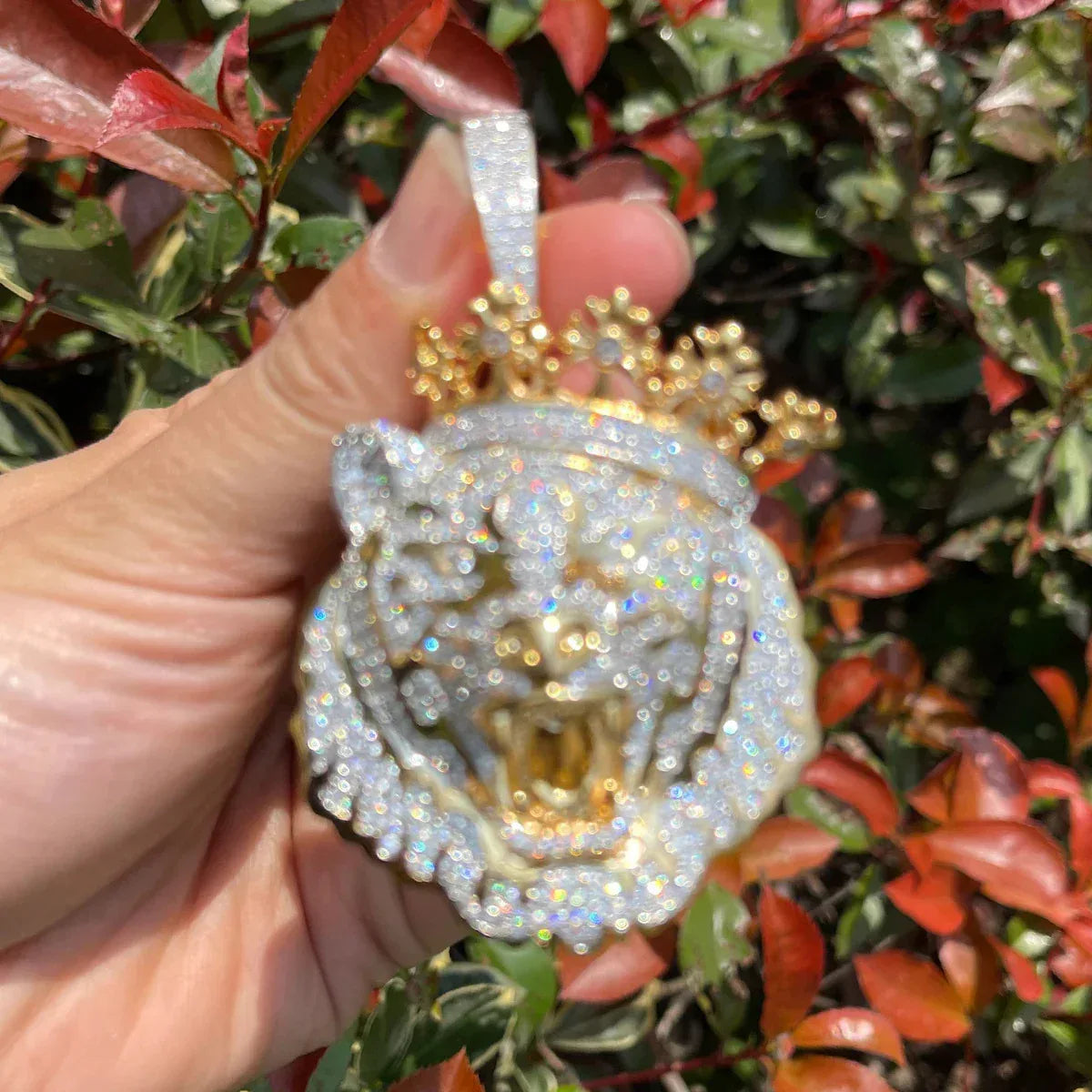 Iced Out Crowned Lion Head Pendant | Men's Real Copper CZ Necklace - CaratixJewelry